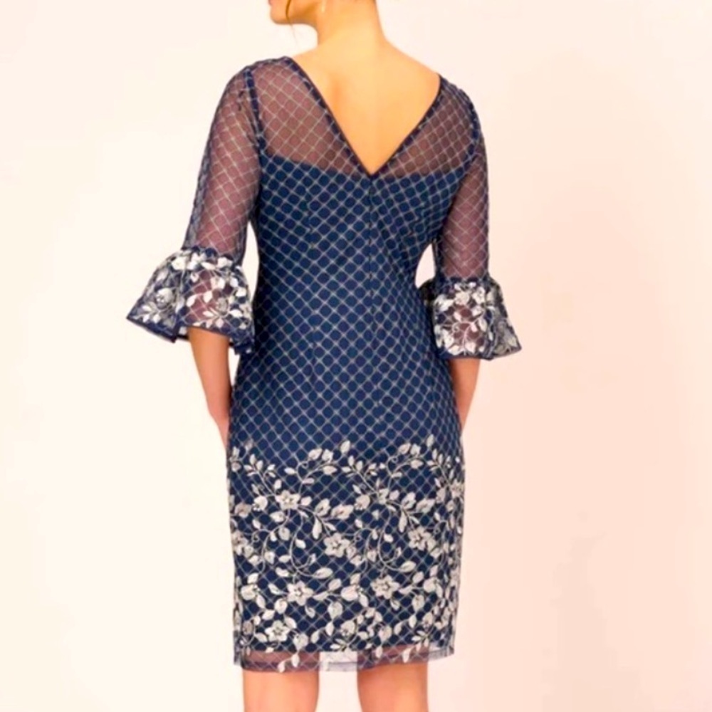 Adrianna Papell Boat-Neck Mesh-Overlay border embroidery sheath Dress - Picture 10 of 11
